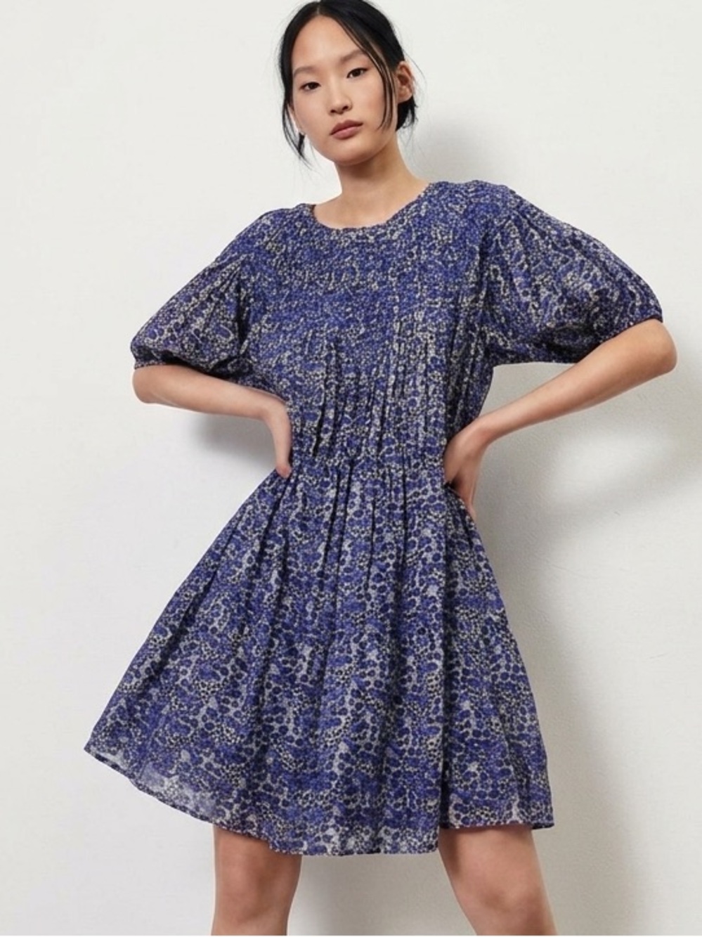 ba&sh Iris Floral Print Embroidered Yoke Drawstring Waist Cotton Dress Size 6 US